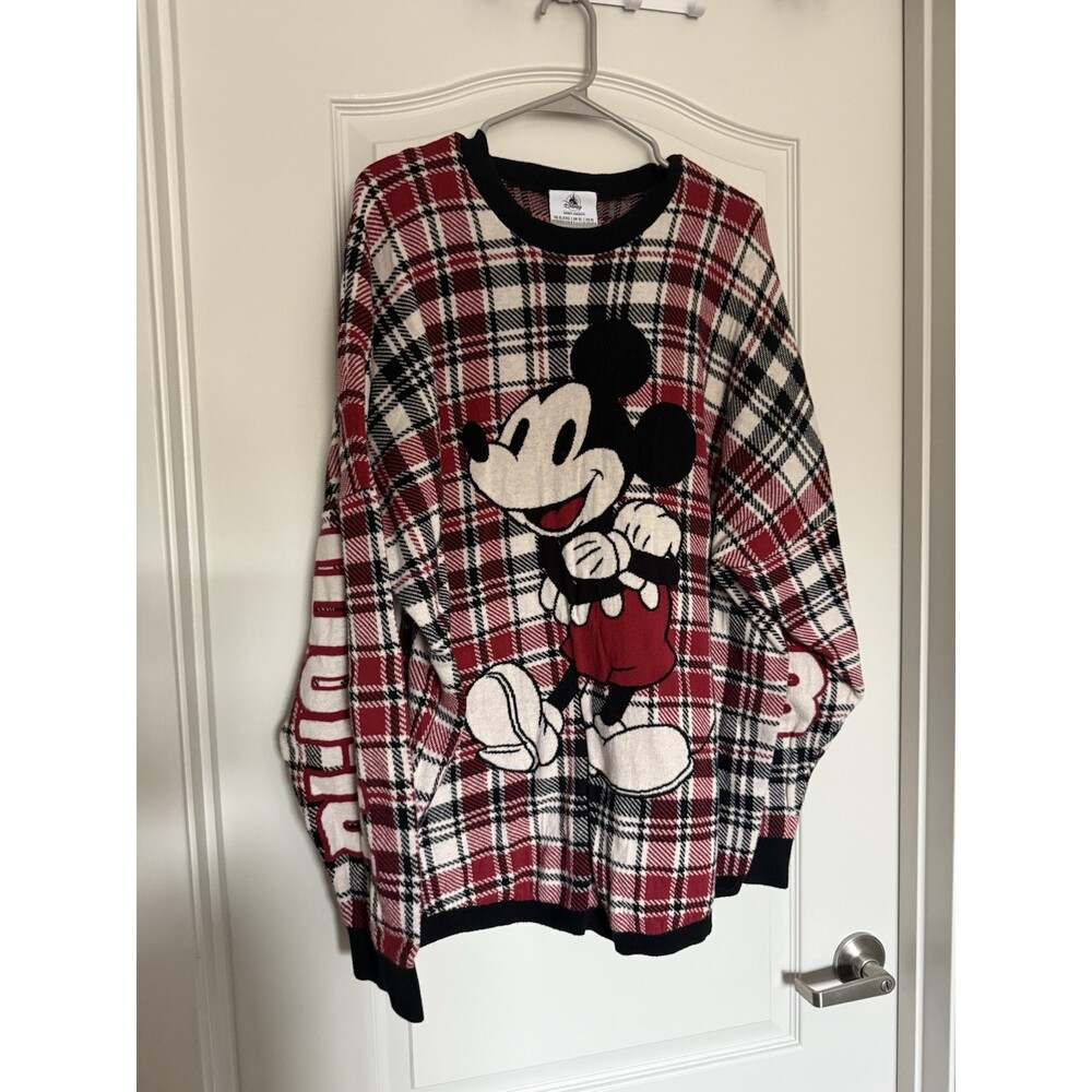 Disney Mickey Mouse Plaid Sweater XL Red Black White Oversized Graphic Crewneck